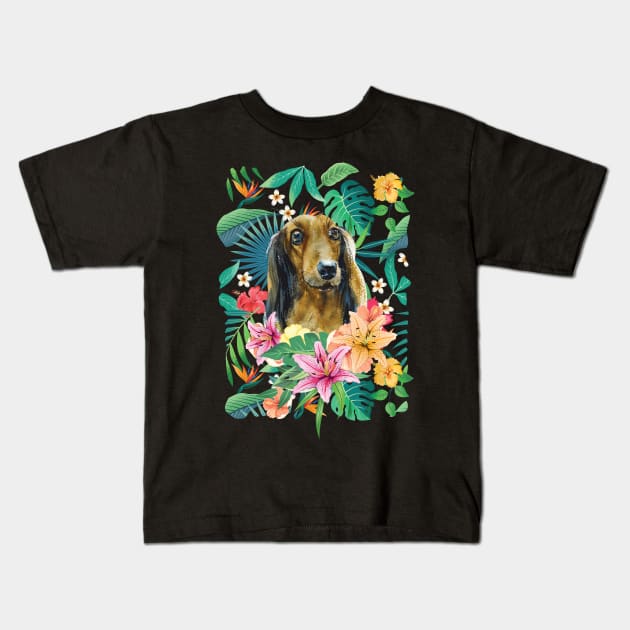 Tropical Long Haired English Cream Dachshund Doxie 2 Kids T-Shirt by LulululuPainting